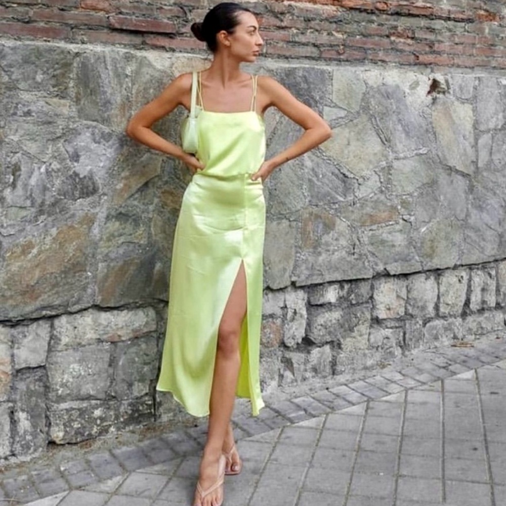 Zara Lime Green Satin Slip Midi Dress (Size L) Y2K Summer brat summer
